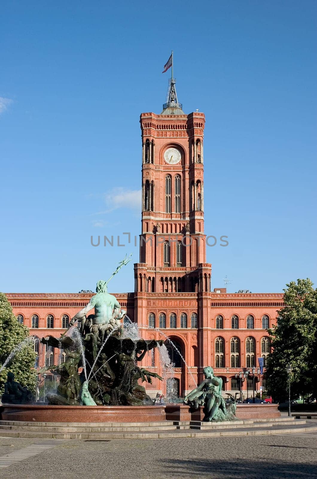 Red Town Hall with Fountain