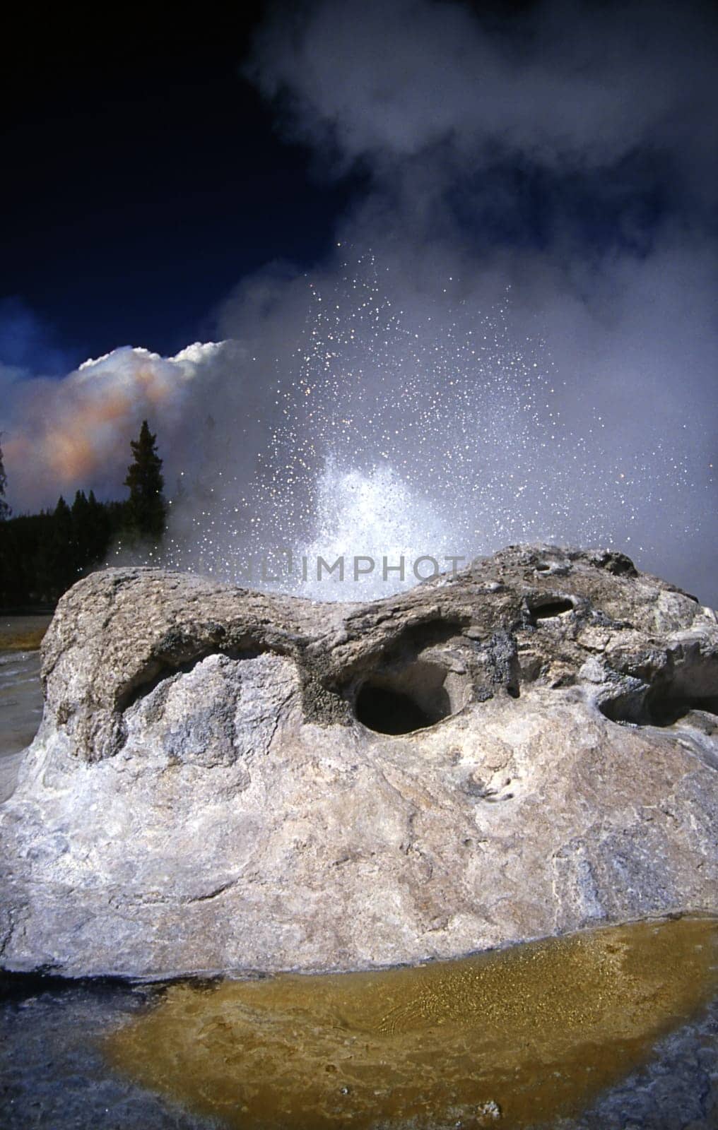 Yellow Stone Natiolpark in August 1988. In the great forest fire in August 1988,1/3 of the forest stand in the oldest American national park was destroyed. (see clouds of smoke on the left) In the Upper Geyser Basin area,an approximately two-hour hike leads to the