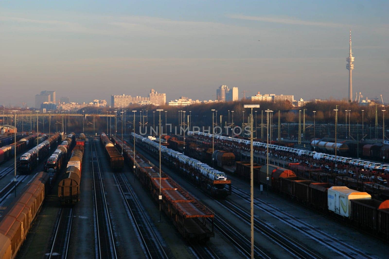 Munich skyline with Moosach marshalling yard in the foreground