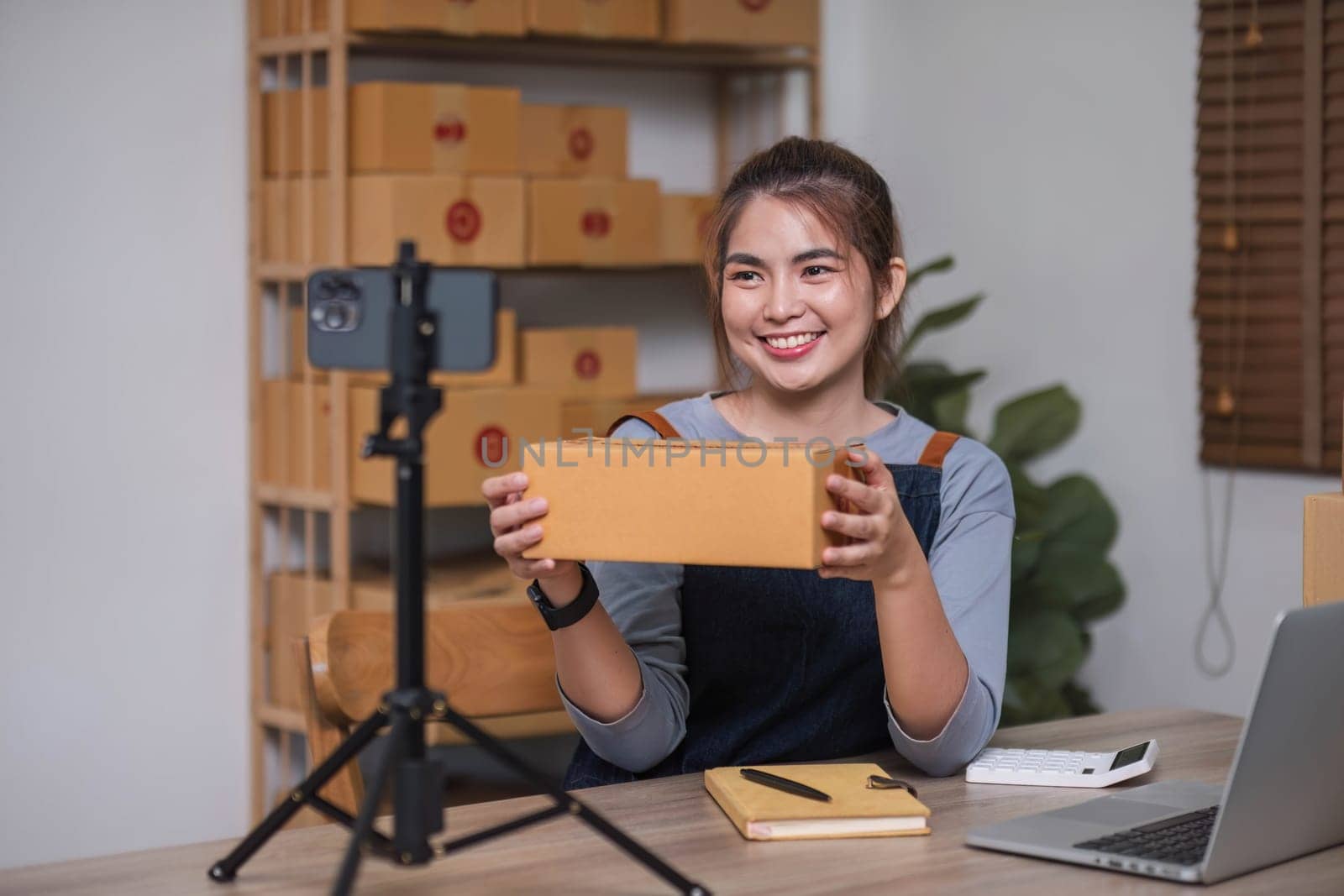 Asian blogger review products and video camera on her phone, sell them online, and showcase her products online on social media. ecommerce business live streaming vlog new normal concept by wichayada