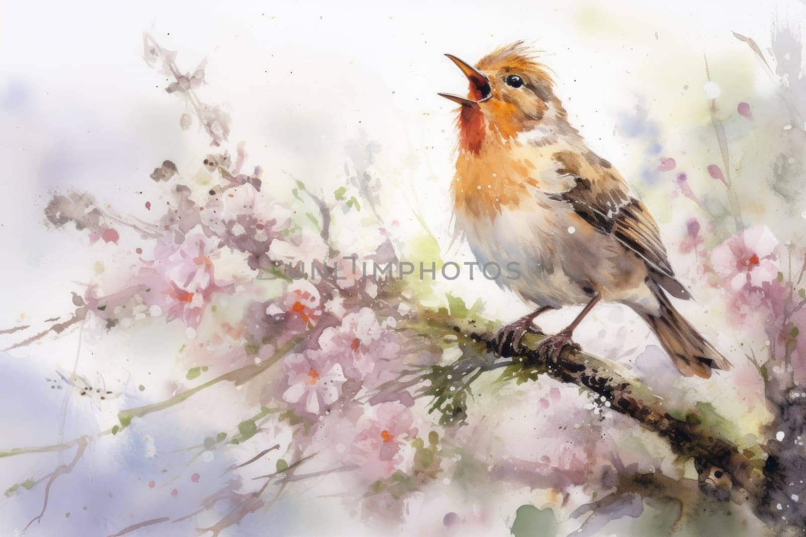 Beautiful watercolor singing bird in a garden on a white background. by MP_foto71