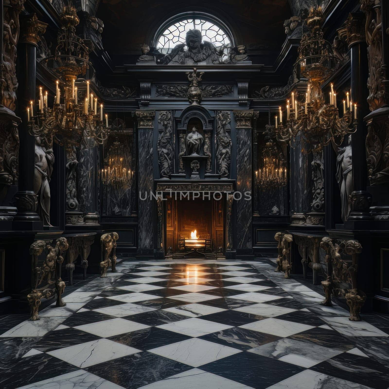 Marble room with checkerboard floor, antique-style statues, and fireplace and candelabra. AI