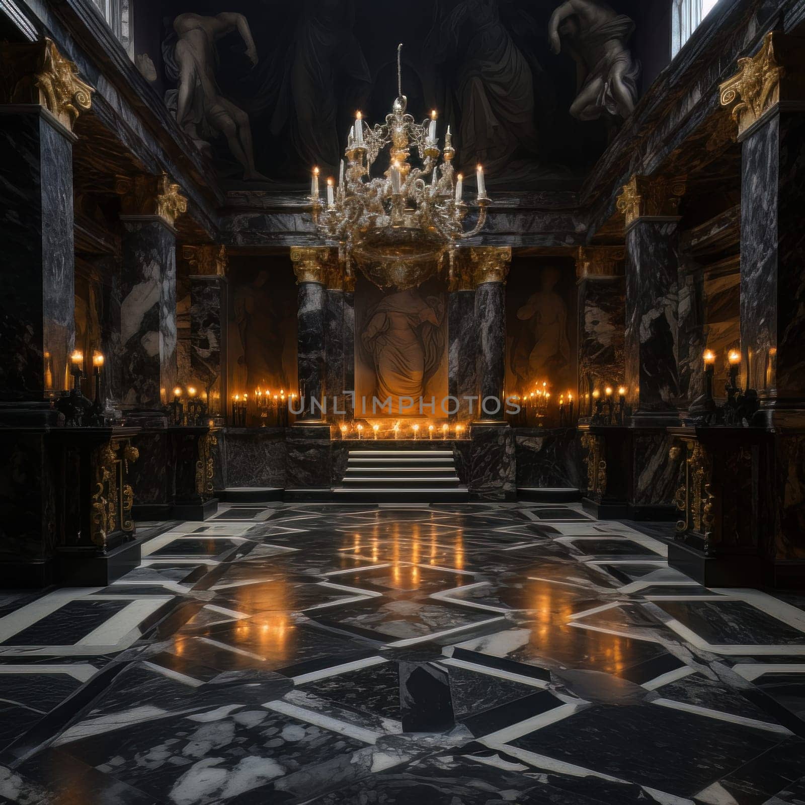 Marble room with checkerboard floor, antique-style statues and candelabra. Luxurious altar with many lit candles. AI