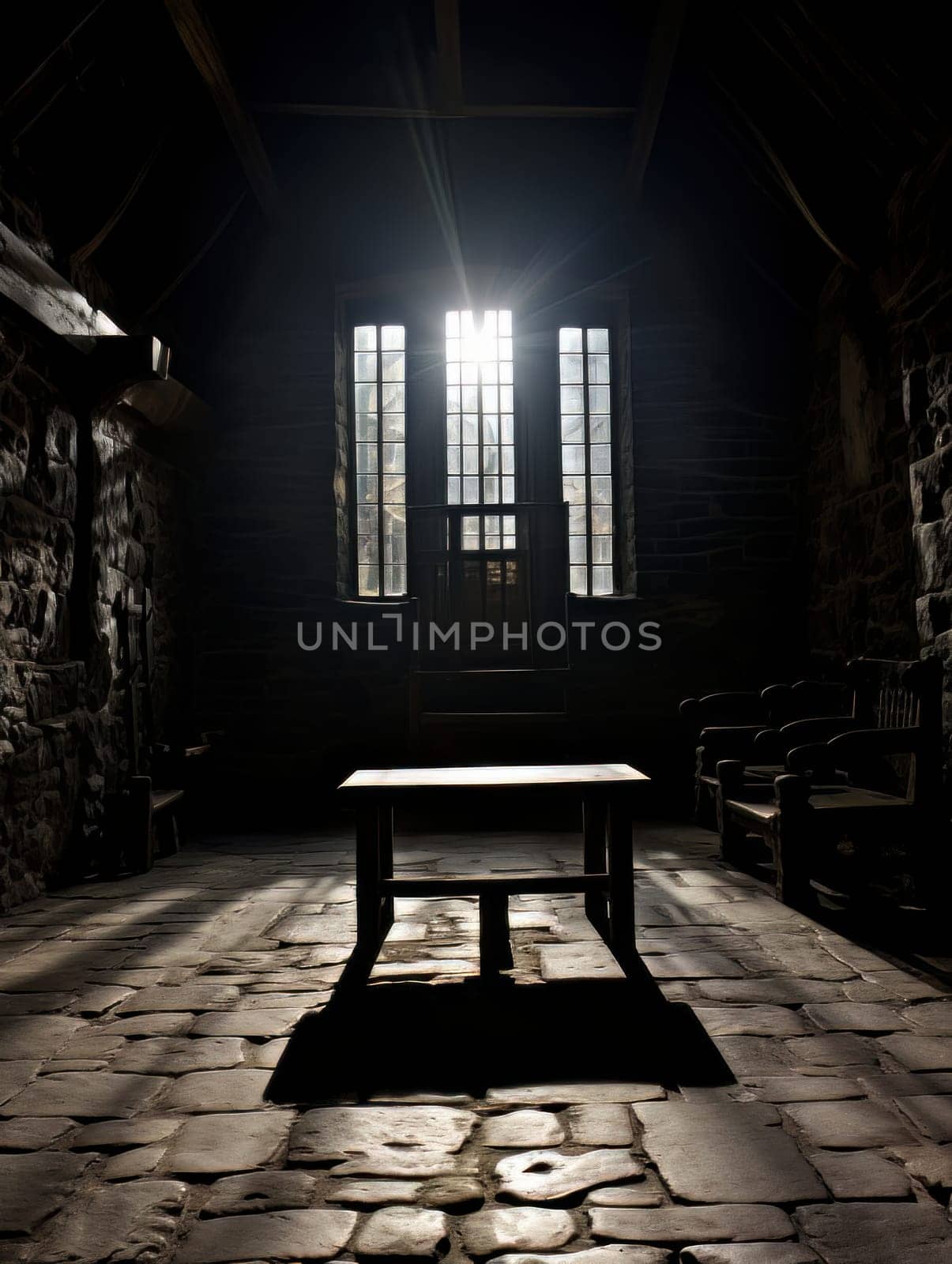 Stone room with window, vibe of an old abandoned medieval pub, dungeon of loneliness for prisoner. AI