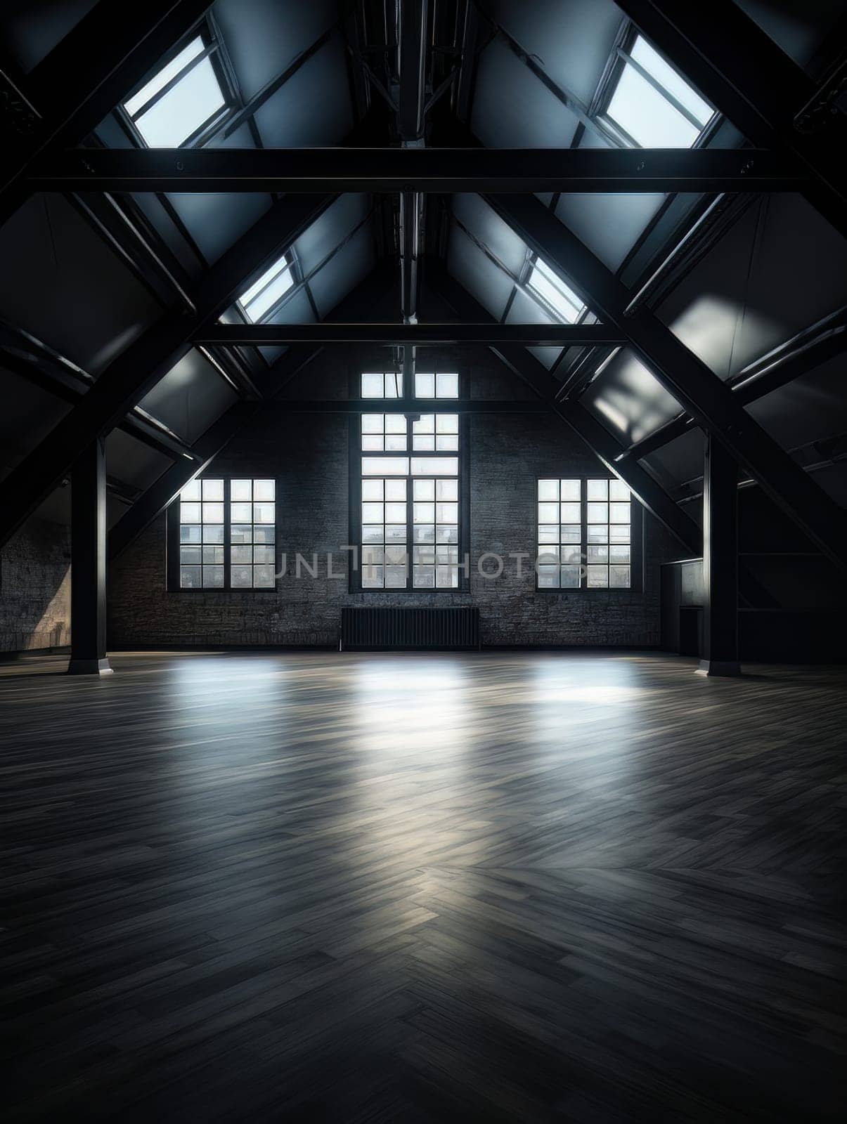 Modern empty dark room with high ceiling and windows in walls and roof, empty office space minimalistic loft. AI