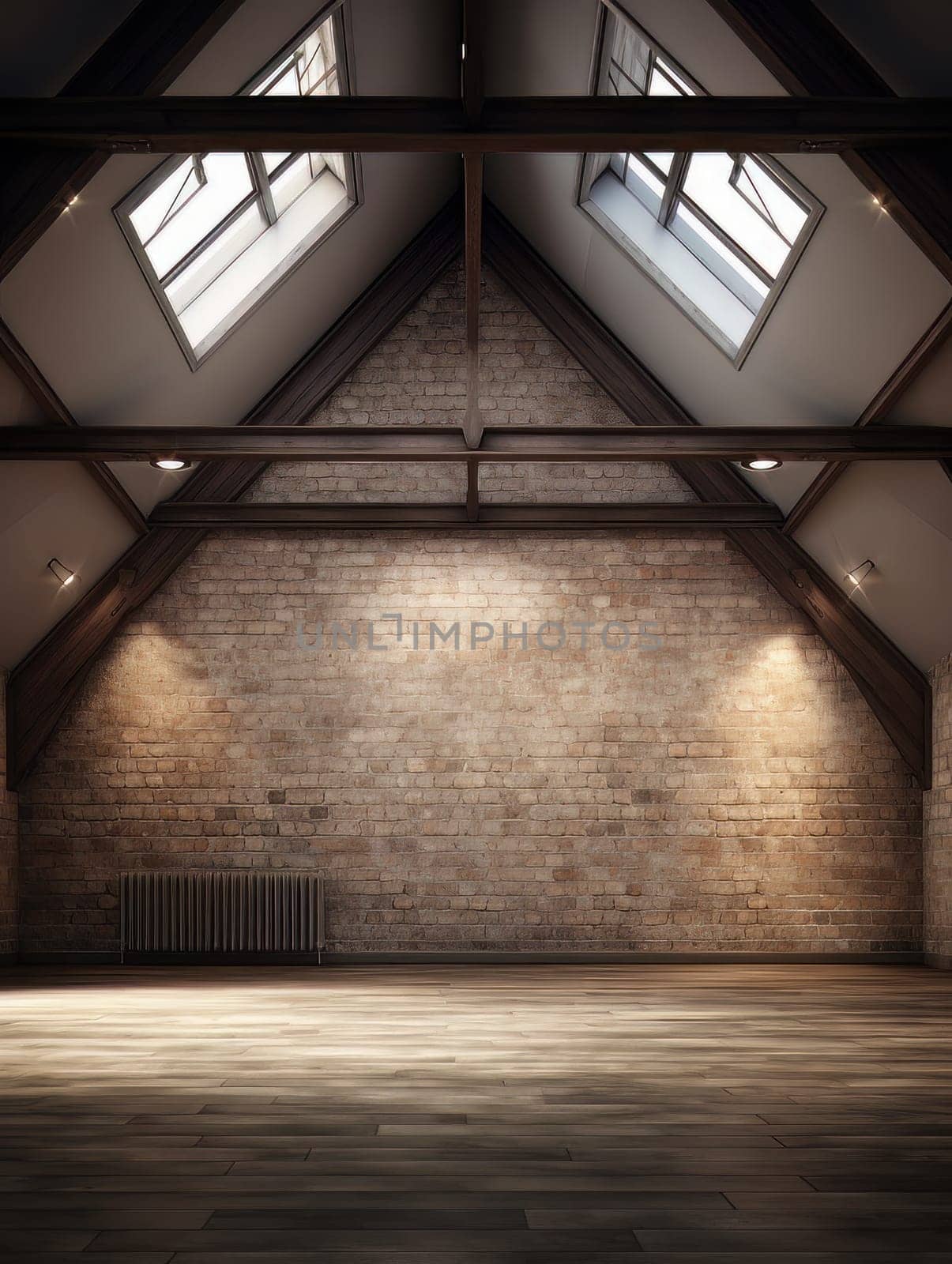 Modern empty room with a brick wall, light wood floors in a warm tone and large skylights, empty office space minimalistic loft. AI
