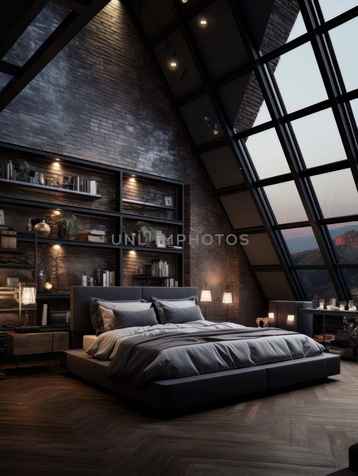 Stylish minimalist bedroom, a cozy romantic nest with large windows. Designer dark interior in the evening. AI