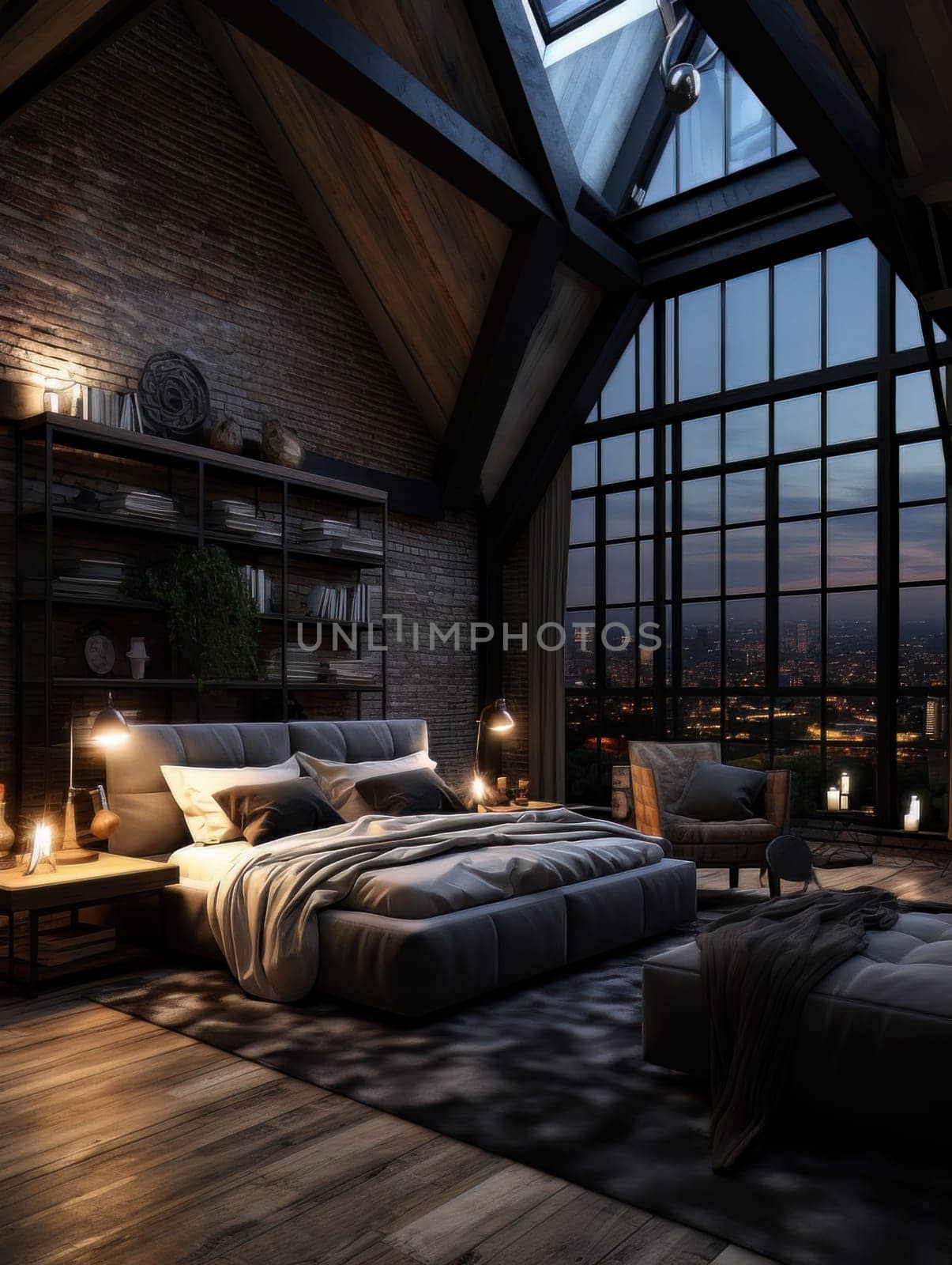 Stylish minimalist bedroom, a cozy romantic nest with large windows. Designer dark interior in the evening. AI