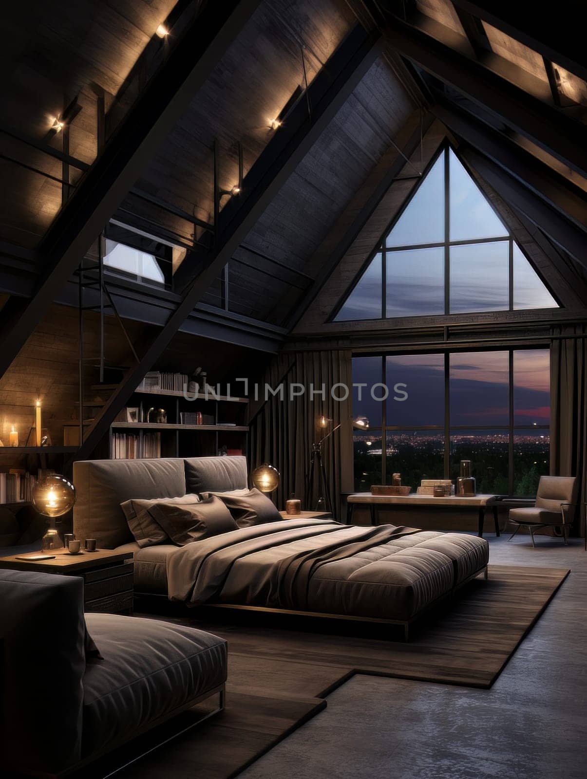 Cozy apartment dark bedroom in loft style AI by but_photo