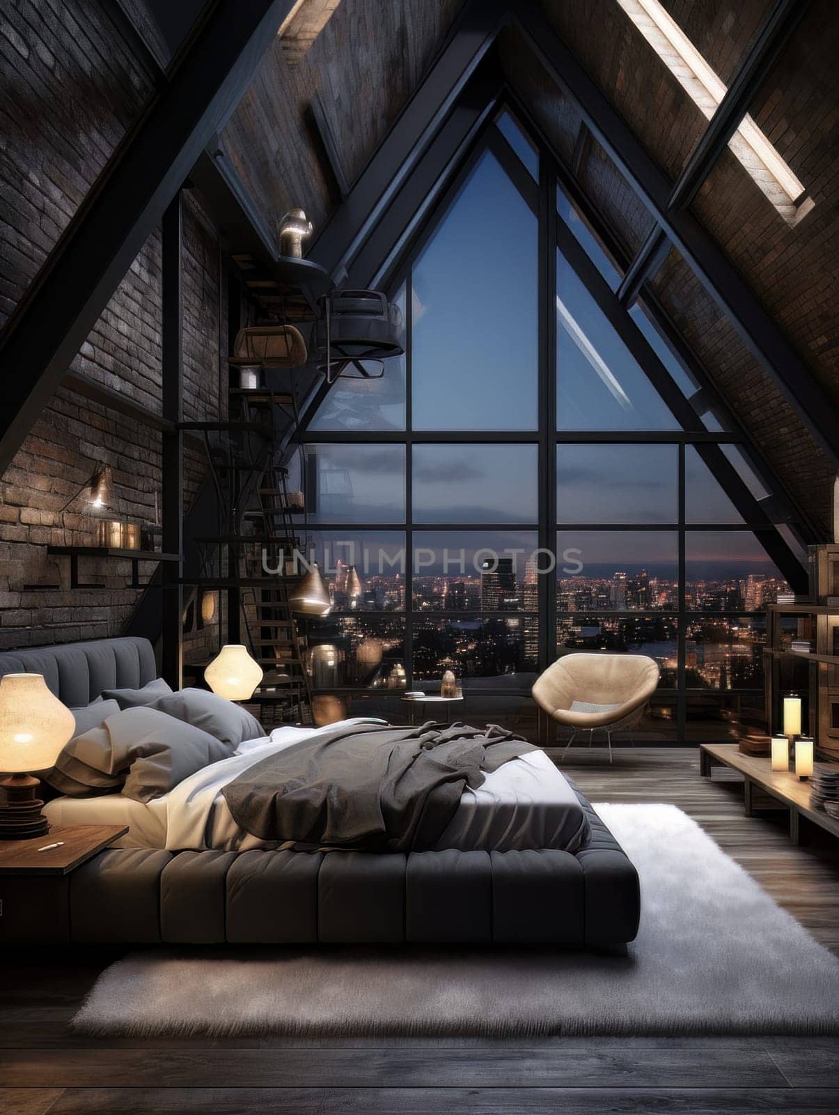 Stylish minimalist bedroom, a cozy romantic nest with large windows. Designer dark interior in the evening. AI