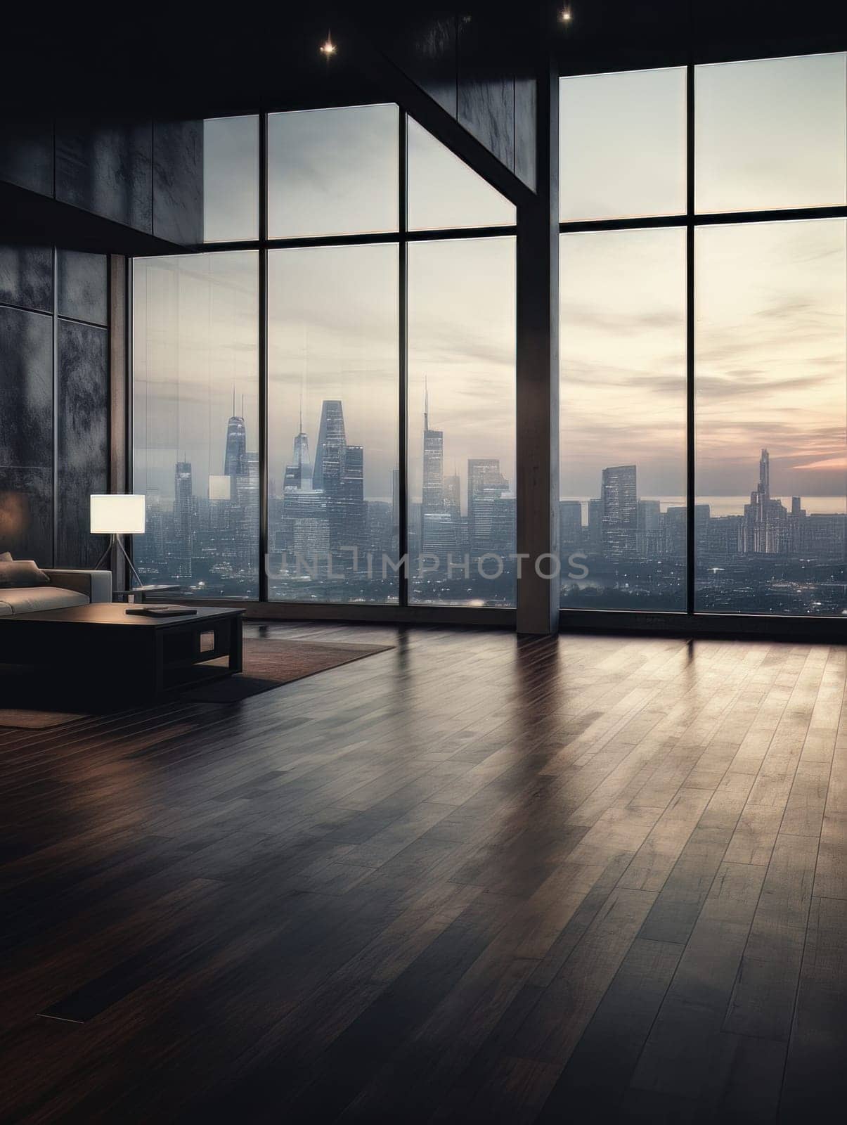 Modern empty dark room with high ceiling and panoramic windows, empty office space minimalistic loft. AI