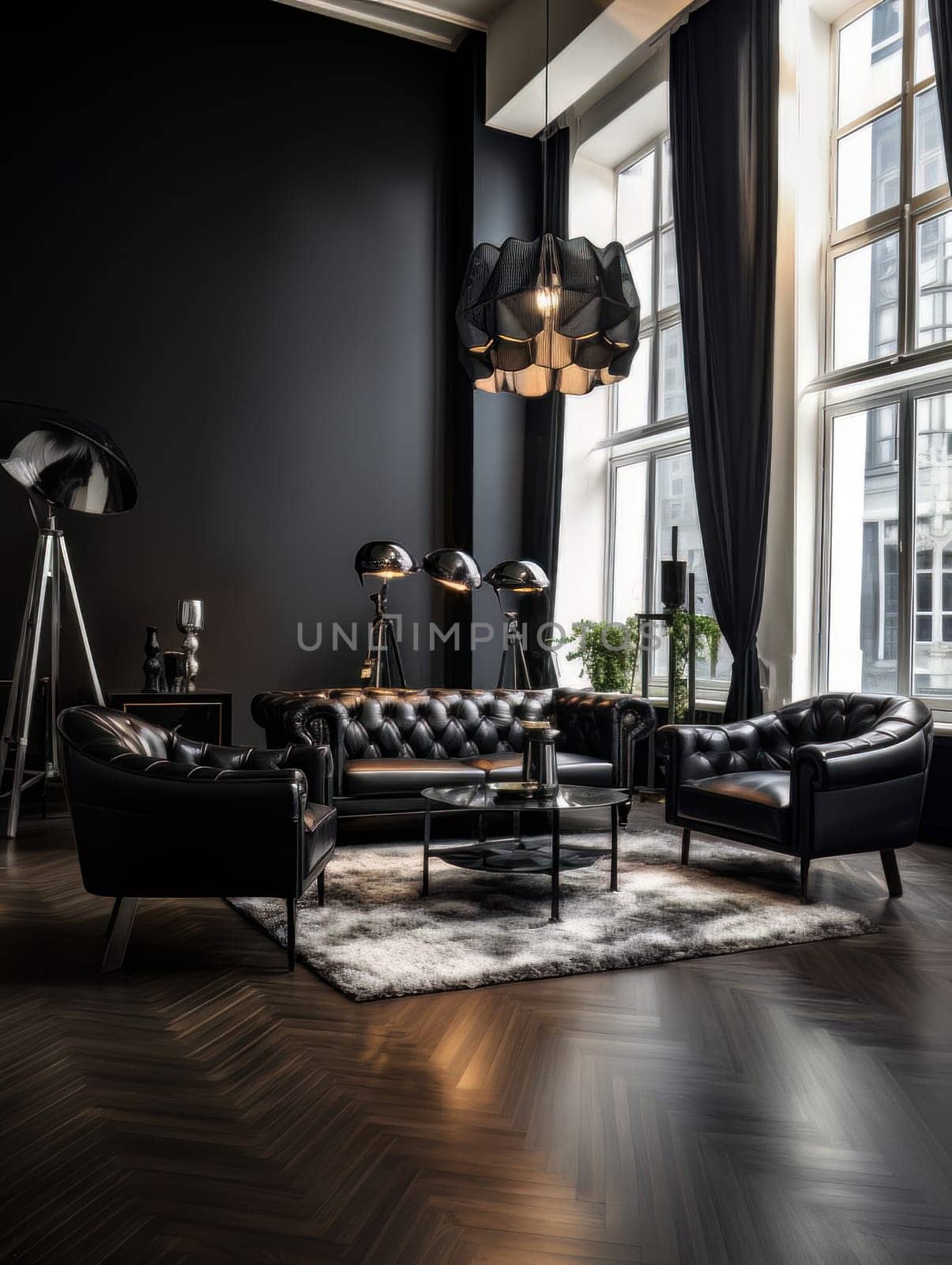 Modern dark location photo studio in black and white colors with beautiful loft-style furniture with large panoramic windows. AI