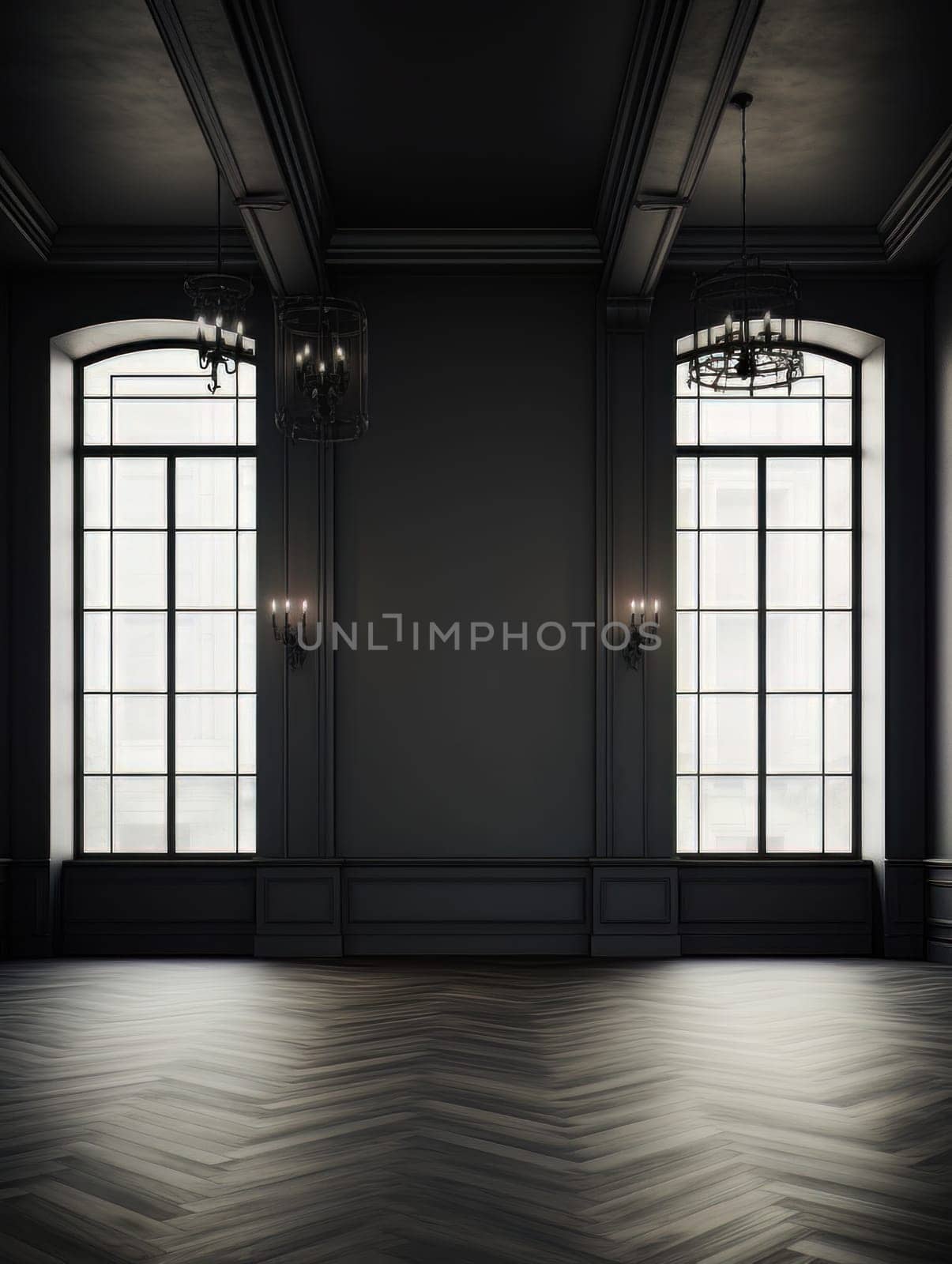 Modern empty dark room with high ceiling and panoramic windows, empty office space minimalistic loft. AI