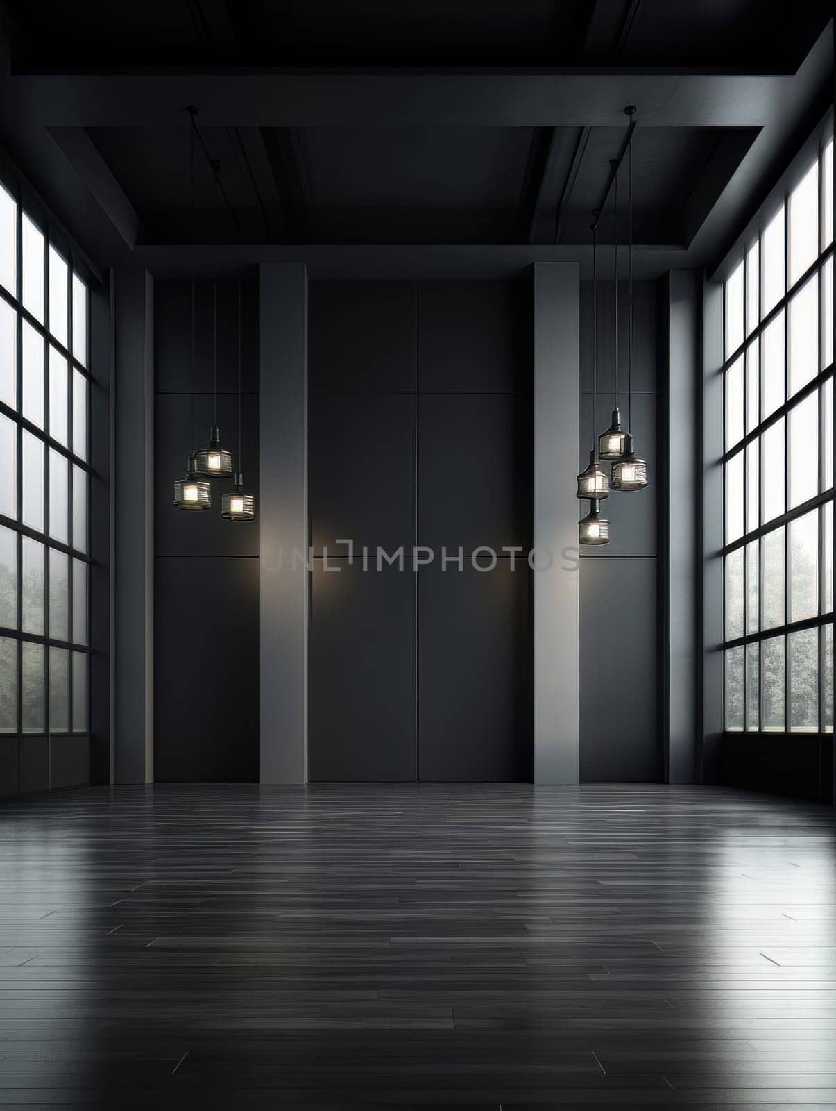 Modern empty dark room with high ceiling and panoramic windows, empty office space minimalistic loft. AI