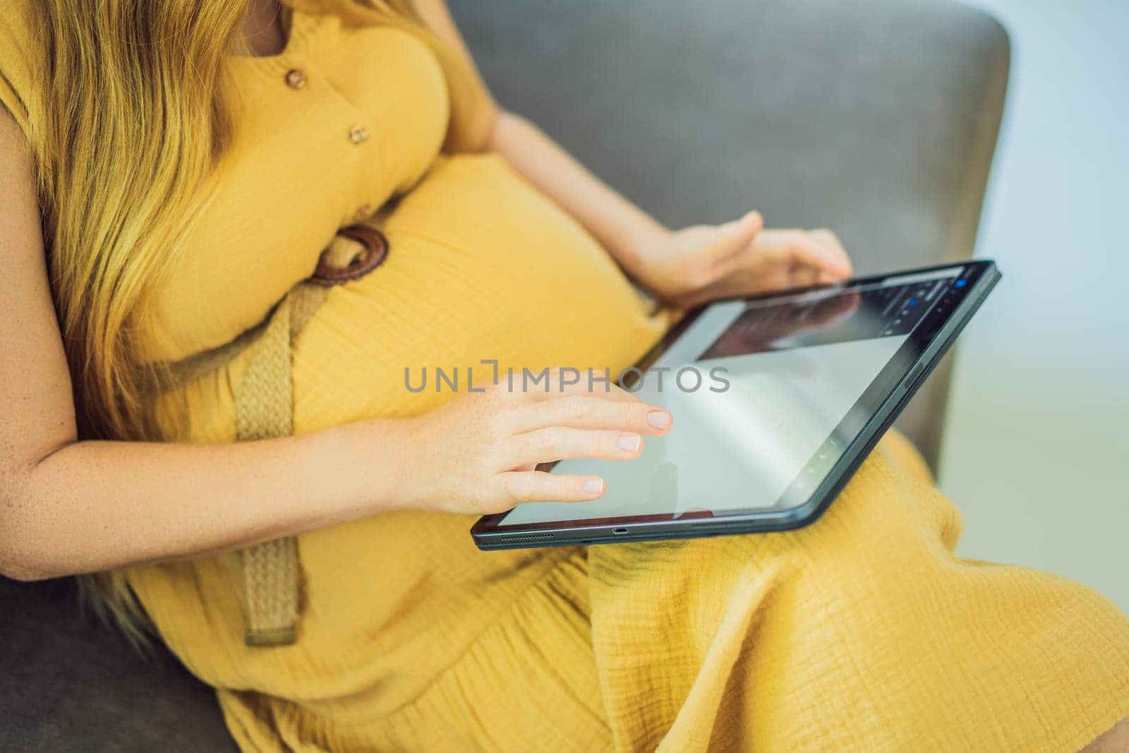 Mobile pregnancy online maternity application. Pregnant mother using phone. Pregnancy, medicine, pharmaceutics, health care and people concept by galitskaya