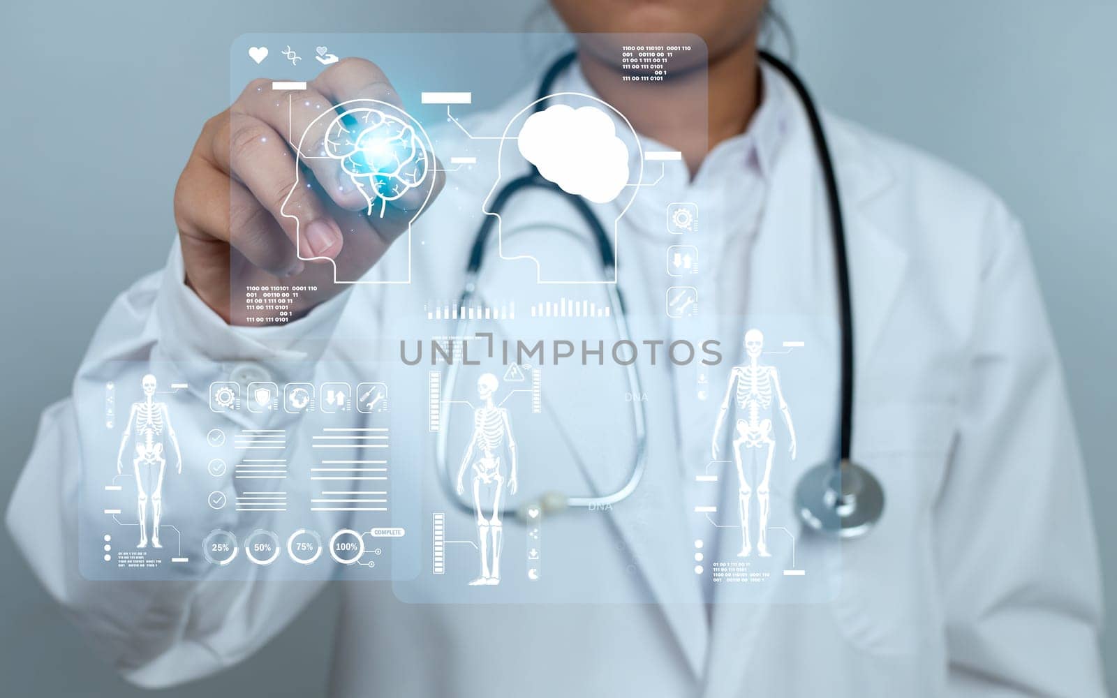 Doctor is using electronic pen touching screen for medical diagnostic analysis on modern virtual screen network connection. Medical technology concept. by Unimages2527