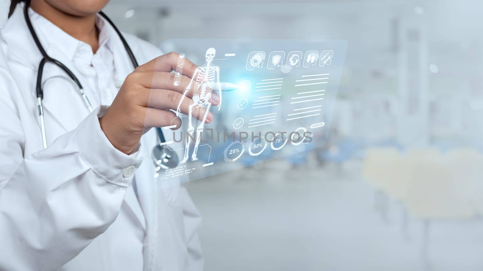 Doctor is using electronic pen touching screen for medical diagnostic analysis on modern virtual screen network connection. Medical technology concept. by Unimages2527