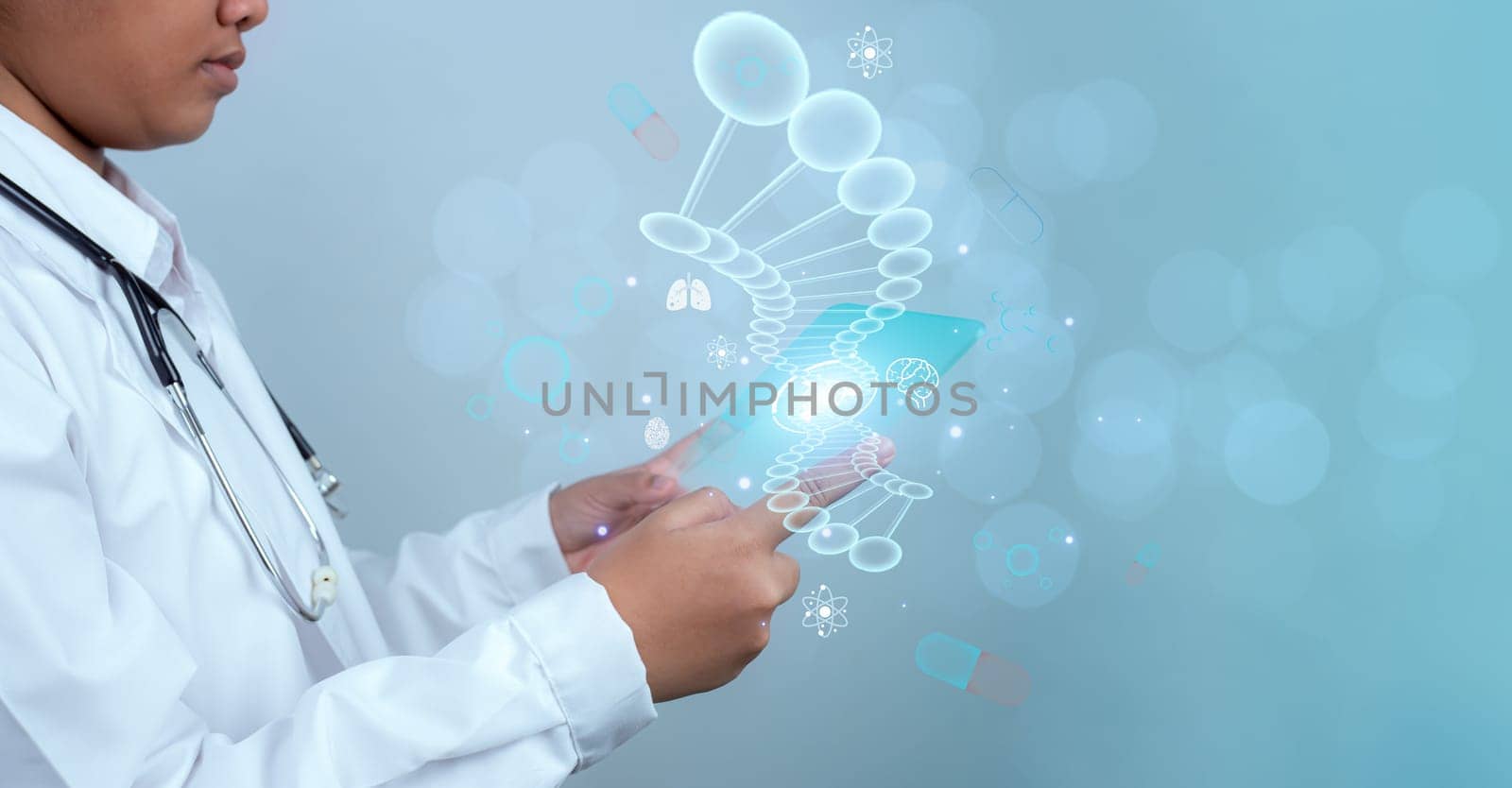 Doctor is using show screen for medical diagnostic analysis on modern virtual screen network connection. Medical technology concept. by Unimages2527