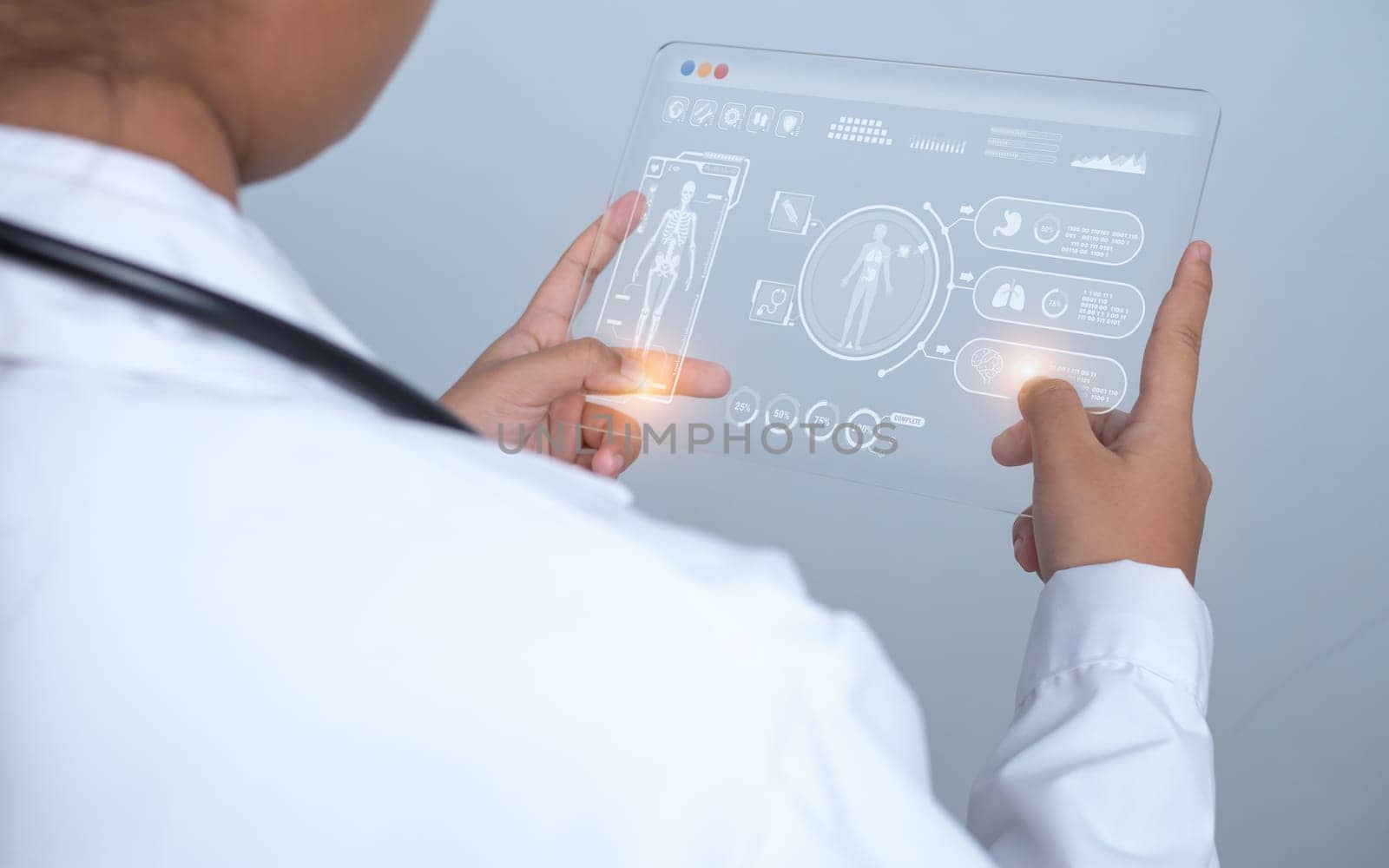 Doctor is using finger of touching screen for medical diagnostic analysis on modern virtual screen network connection. Medical technology concept. by Unimages2527