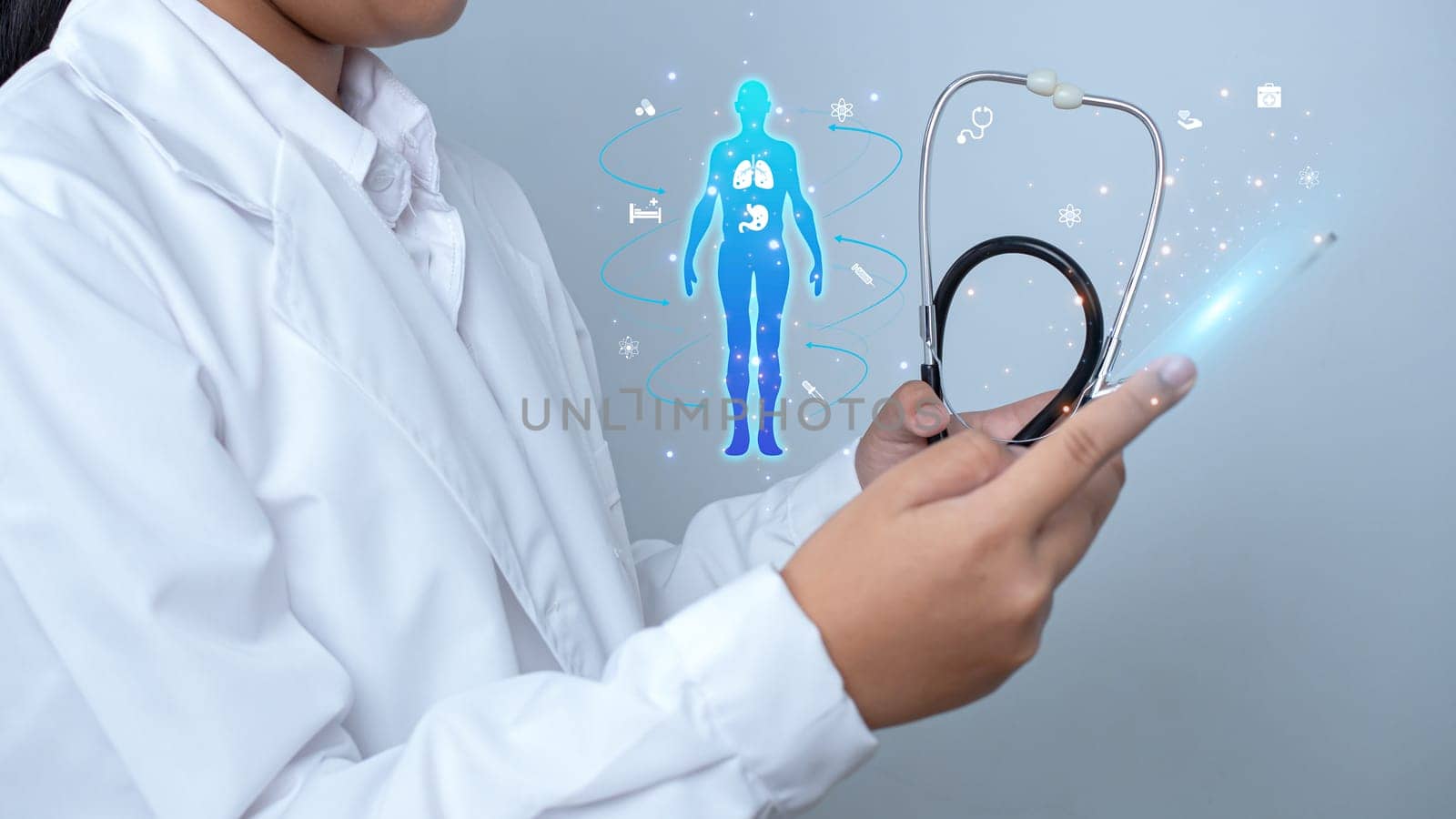 Doctor is using show screen for medical diagnostic analysis on modern virtual screen network connection. Medical technology concept. by Unimages2527