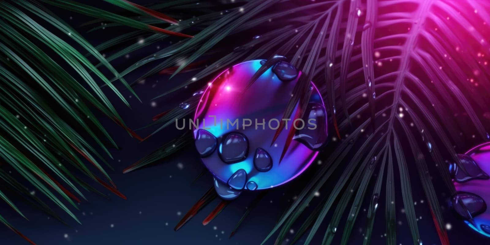 Dark Neon Light palm leaves and droplet Water dramatic photo effect background, realism, realistic, hyper realistic. Generative AI weber. by biancoblue