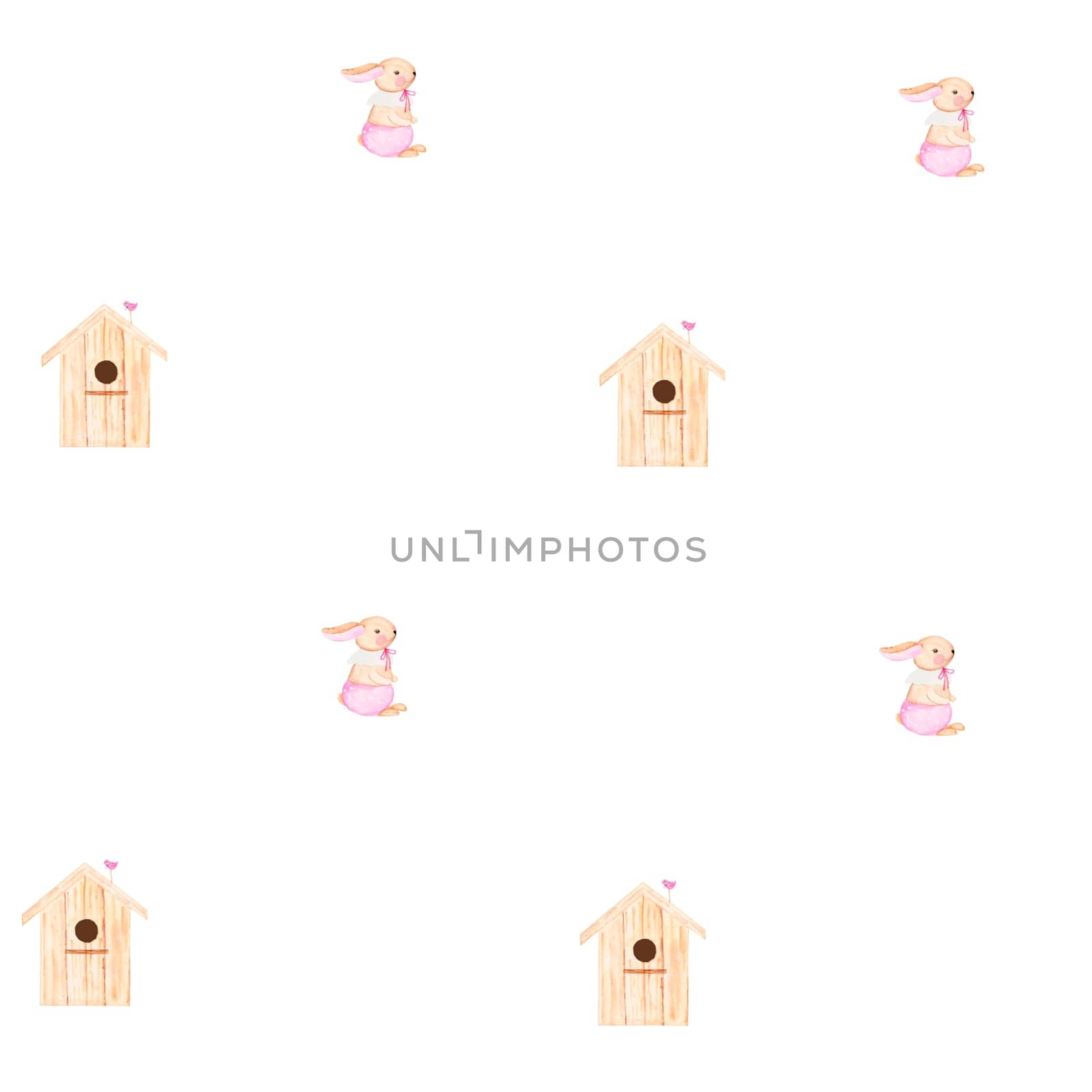 watercolor seamless pattern birdhouses and cute bunny. cute pattern with houses for printing on textiles, diapers, pajamas, wrapping paper, bed linen. High quality photo
