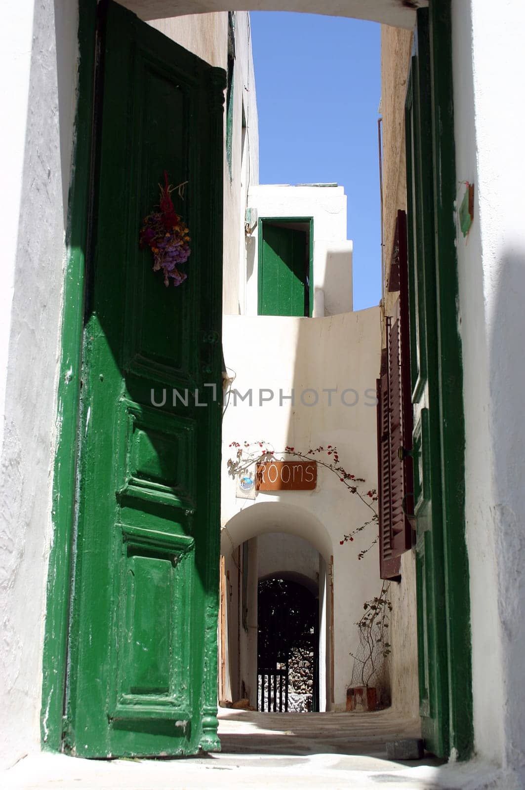 Entrance to a hotel in the old town of Mykonos.