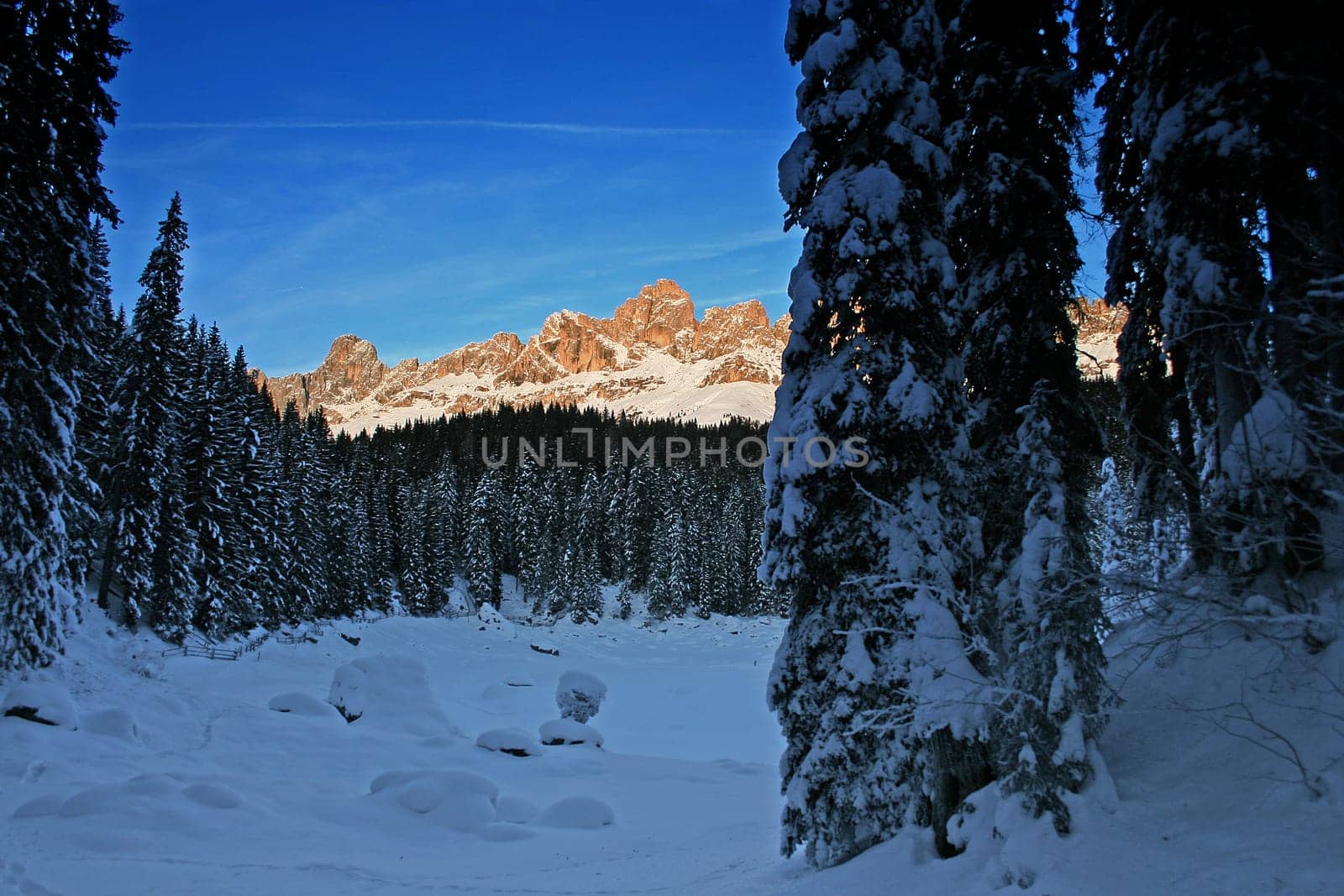 above the frozen - snow-covered Carezza
