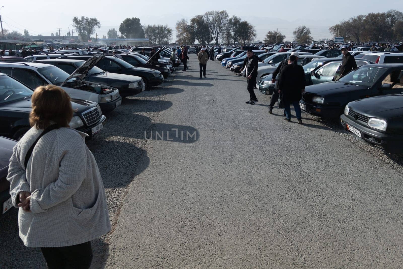 Large used car open air market RIOM Auto in Bishkek, Kyrgyzstan at October 16, 2022