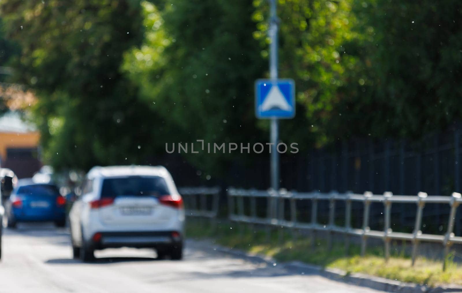 Poplar fluff in the air over country road with some cars by z1b