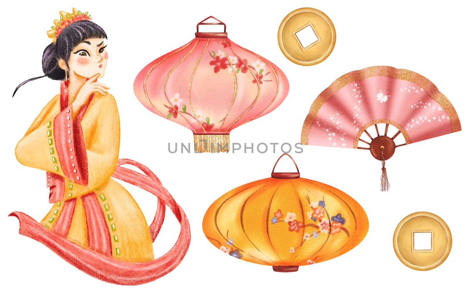 Watercolor Eastern collection. Asian girl in a vibrant kimono, ornate Chinese lanterns, a delicate fan, and symbolic golden coins for luck. Ideal for Chinese New Year and Lantern Festival by Art_Mari_Ka