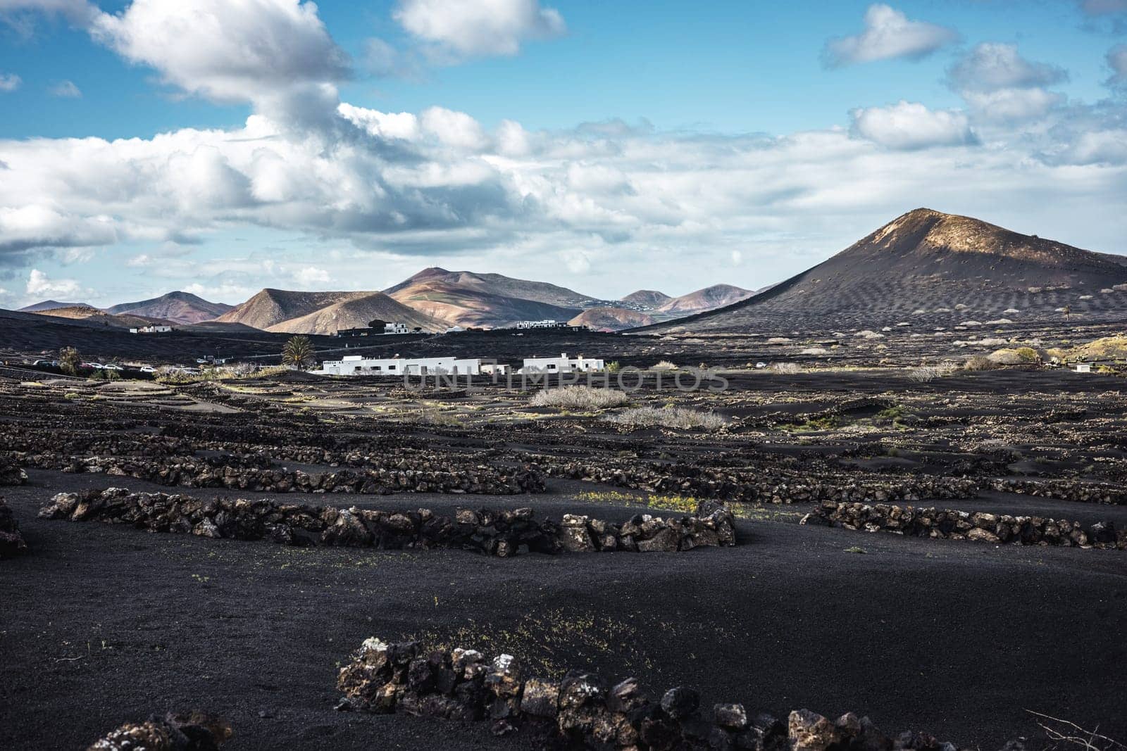 Traditional white houses in black volcanic landscape of La Geria wine growing region with view of Timanfaya National Park in Lanzarote. Touristic attraction in Lanzarote island, Canary Islands, Spain