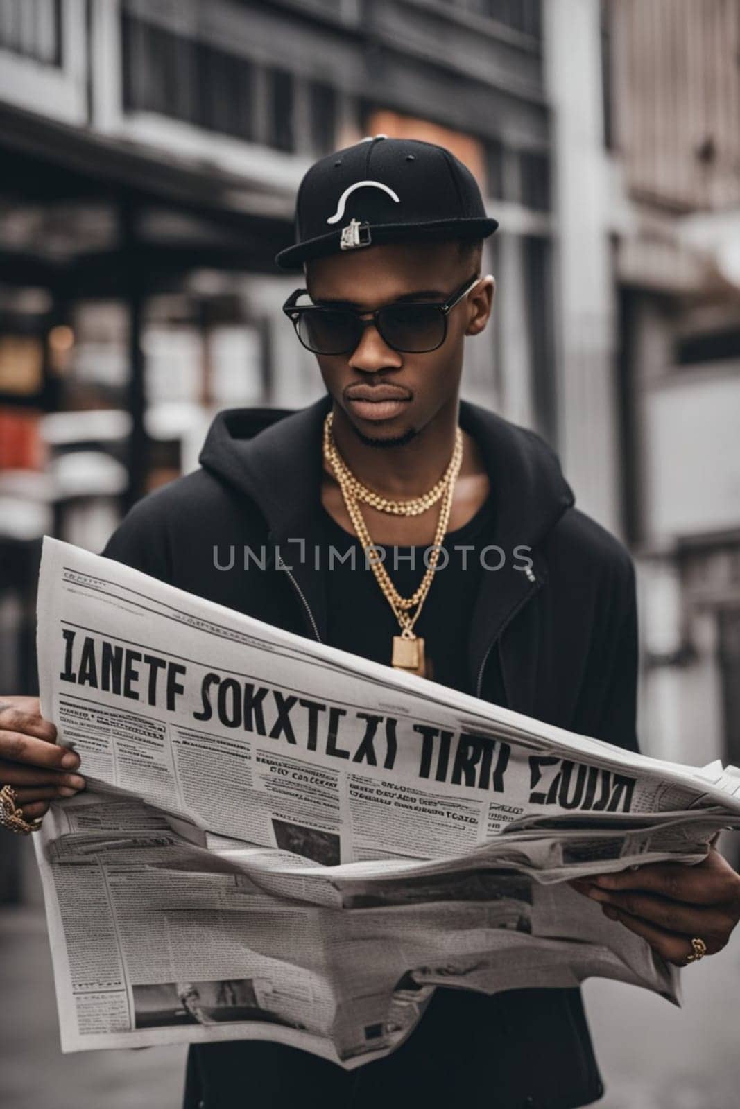 young teen rapper hip hop street style reading newspaper in the streets , urban graffiti behind in the background, illustration, generative ai art
