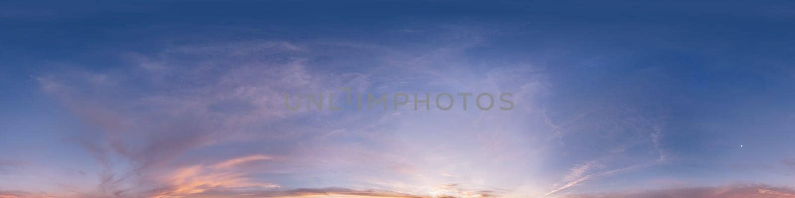 Bright sunset sky panorama with Cirrus clouds. Seamless hdr spherical equirectangular 360 panorama. Sky dome or zenith for 3D visualization, game and sky replacement for aerial drone 360 panoramas.