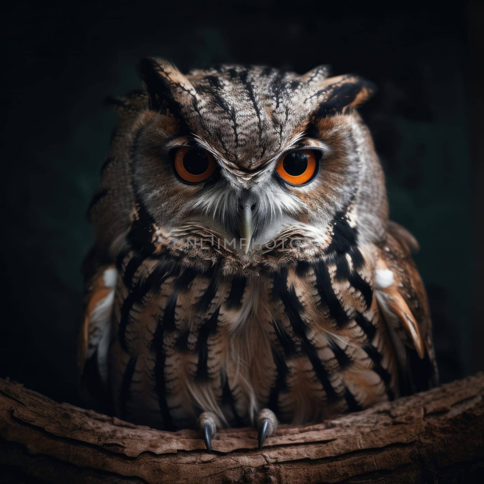 A stunning nocturnal predator, an owl perched on the ground in the woods by Sorapop