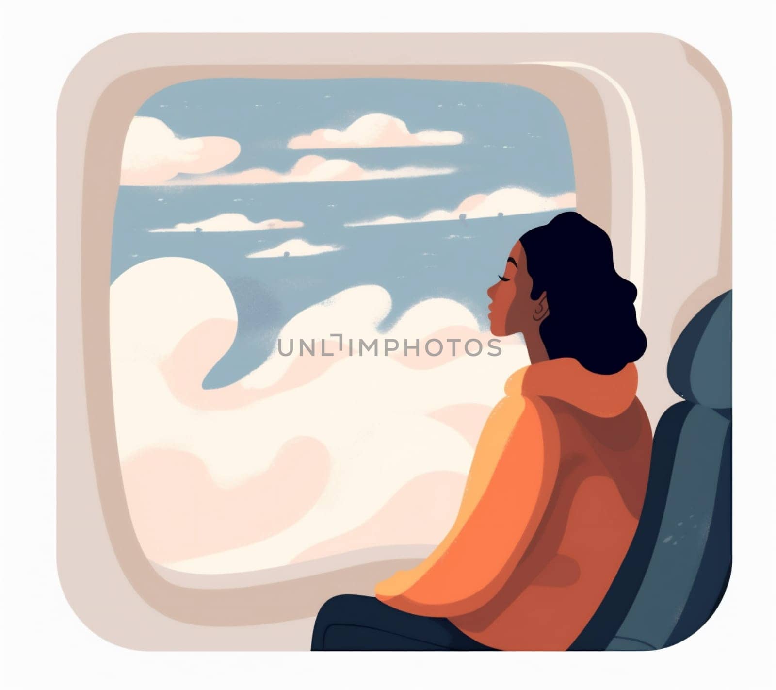 woman character trip plane journey passenger window seat sitting flight transportation. Generative AI. by Vichizh