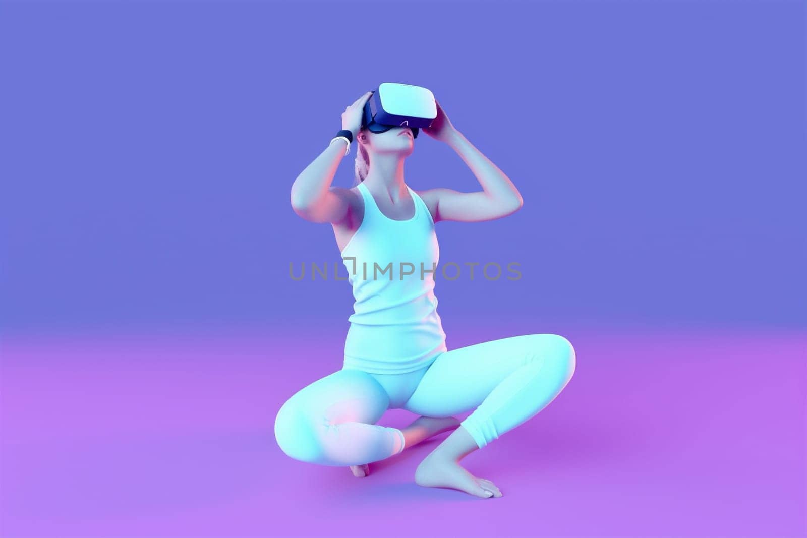 blue woman connect person smart innovation digital vr glasses sport creative happy 3d virtual background technology young reality neon entertainment render game. Generative AI.