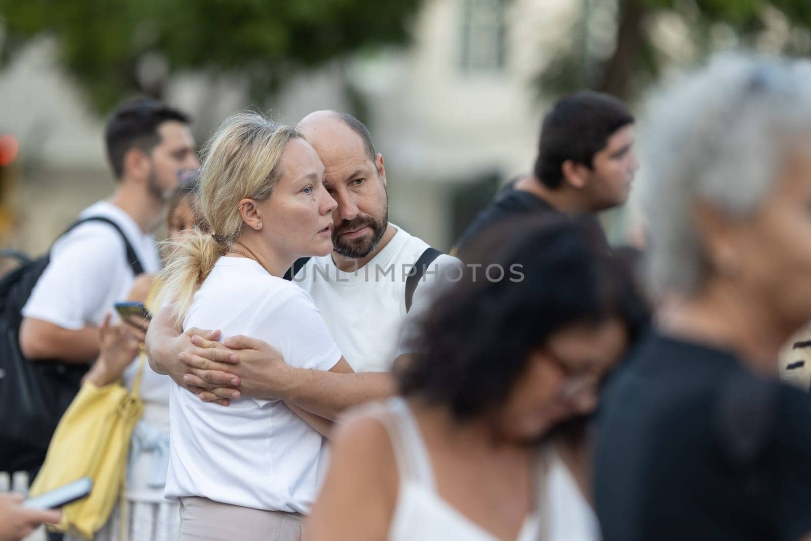 Lisbon, Portugal, October 10, 2023, People hug at a anti-terrorist rally by Studia72