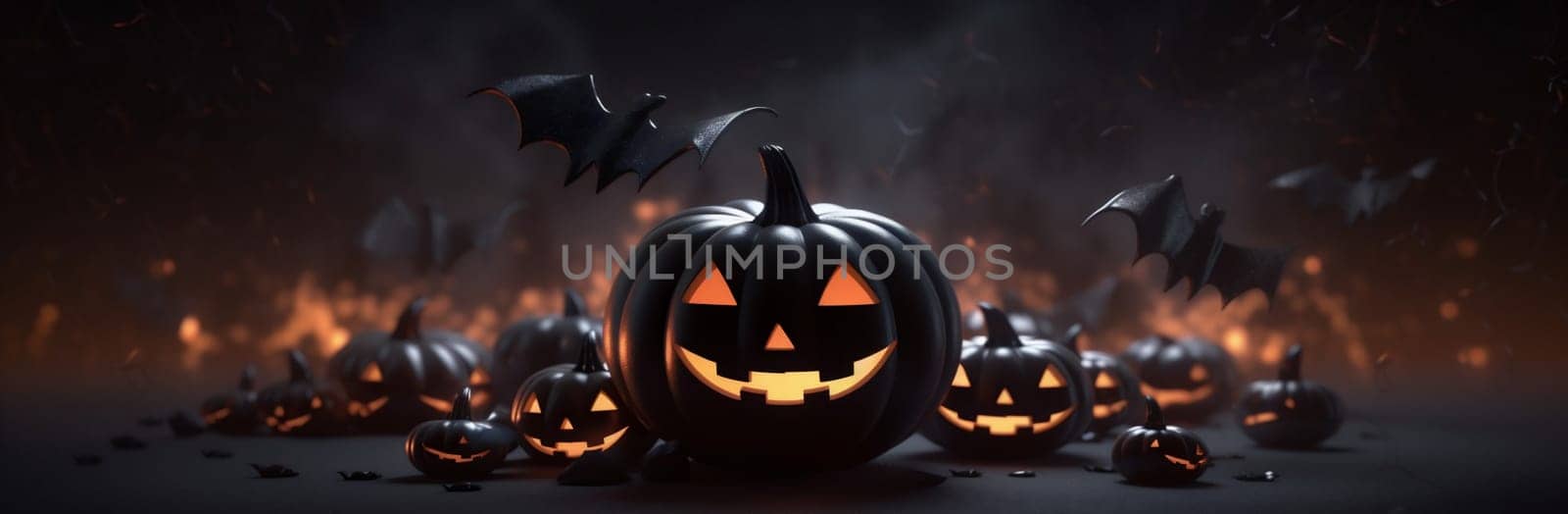 fear table mystery halloween copyspace horror blue background bat pumpkin night. Generative AI. by Vichizh