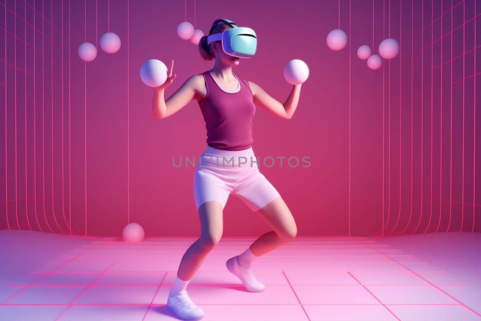 technology woman innovation digital sport entertainment game happy reality internet blue gadget lifestyle virtual metaverse colorful glasses headset neon vr purple. Generative AI.