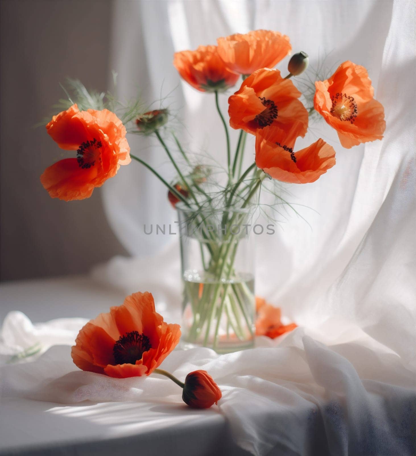 bouquet design bloom red decoration poppy background sunshine indoor color home soft floral light vase beautiful interior glass space gift flower. Generative AI.