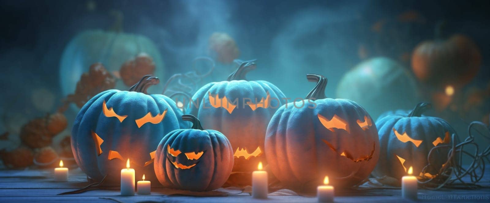 mystery pumpkin blue night illustration halloween evil background fear horror table. Generative AI. by Vichizh