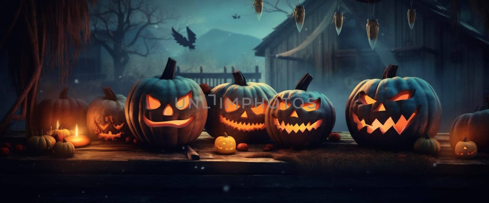 poster night spooky horror table cemetery mystery blue halloween forest funny background fear candle copyspace pumpkin wooden fall gothic grave evil. Generative AI.