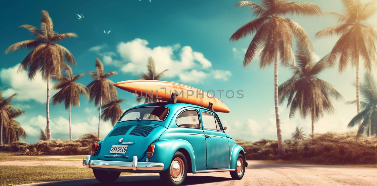 car vintage travel beach summer tropical retro vacation road trip. Generative AI. by Vichizh