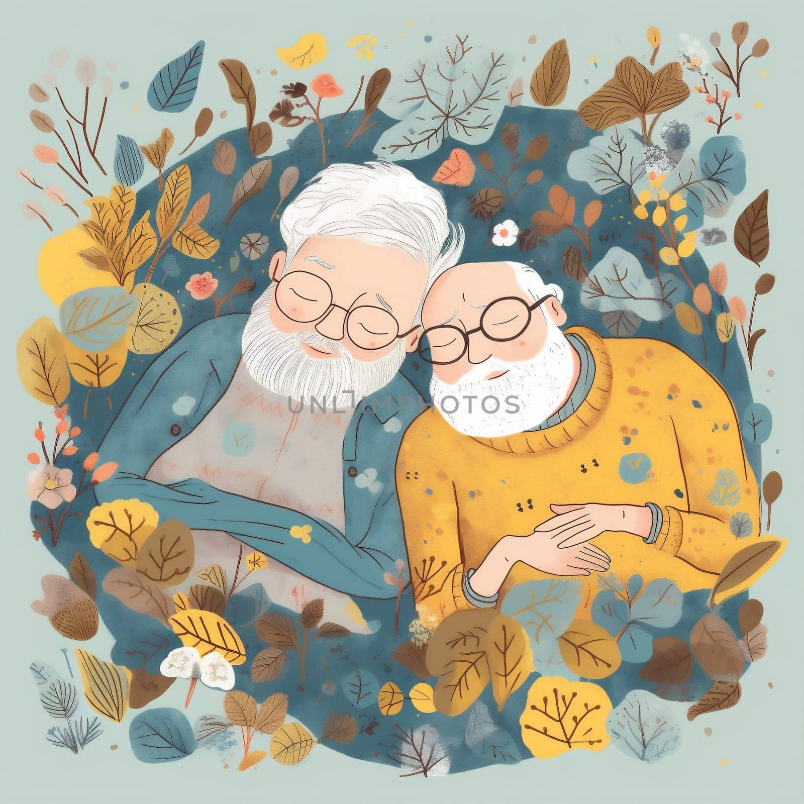 woman man old relax home couple partner love male bed asleep retired aged romantic cartoon grandparent grandfather concept happy married lying together. Generative AI.