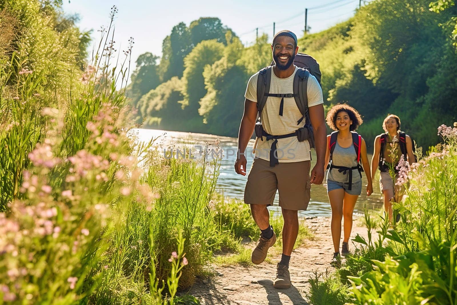 In the summer, an African-American family travels with backpacks on foot along the river