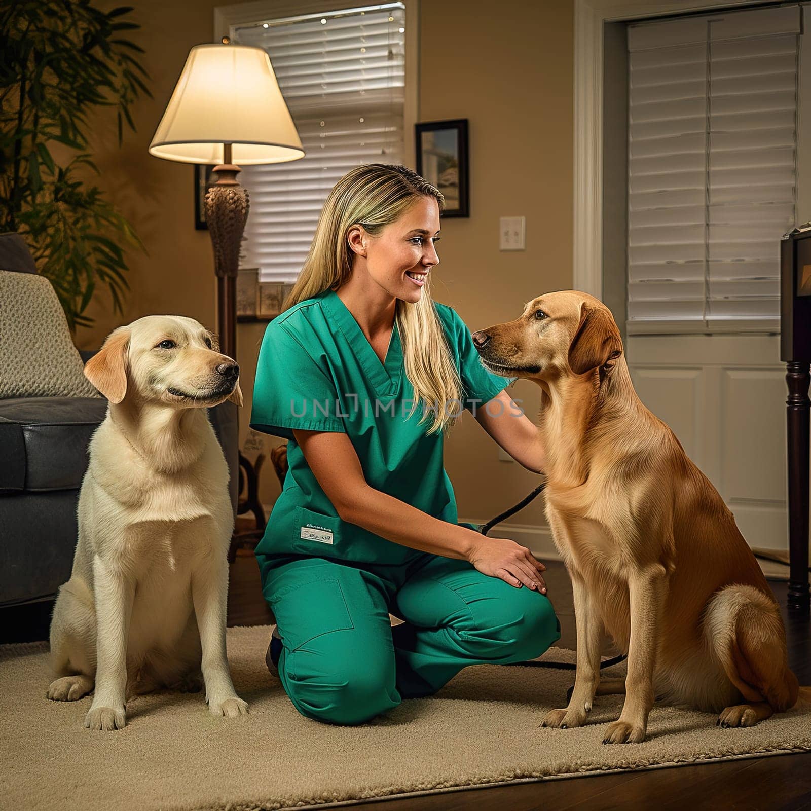 A happy female veterinarian examines the dogs in the room