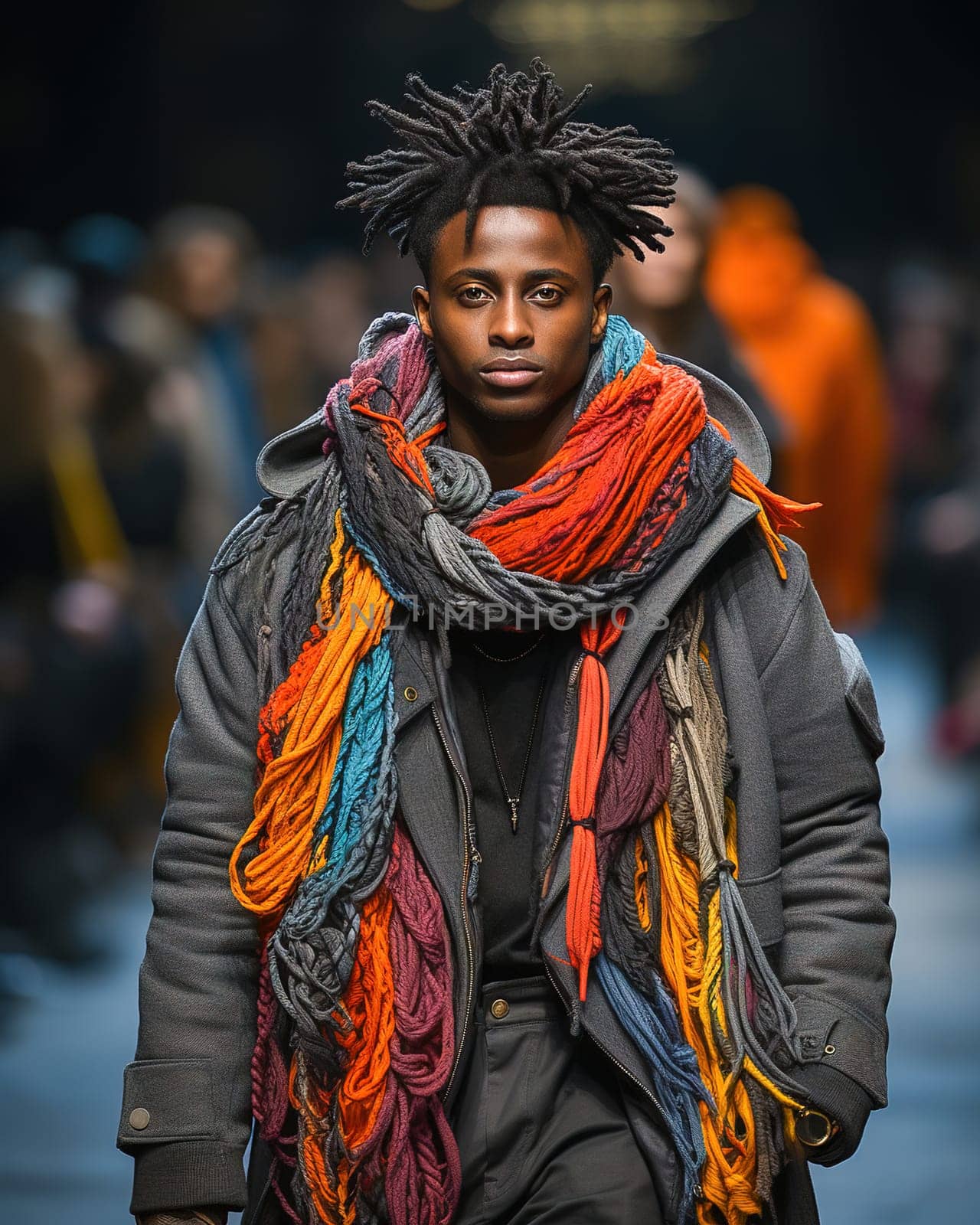 A stylish African-American man on the runway showing off his fashionable clothes