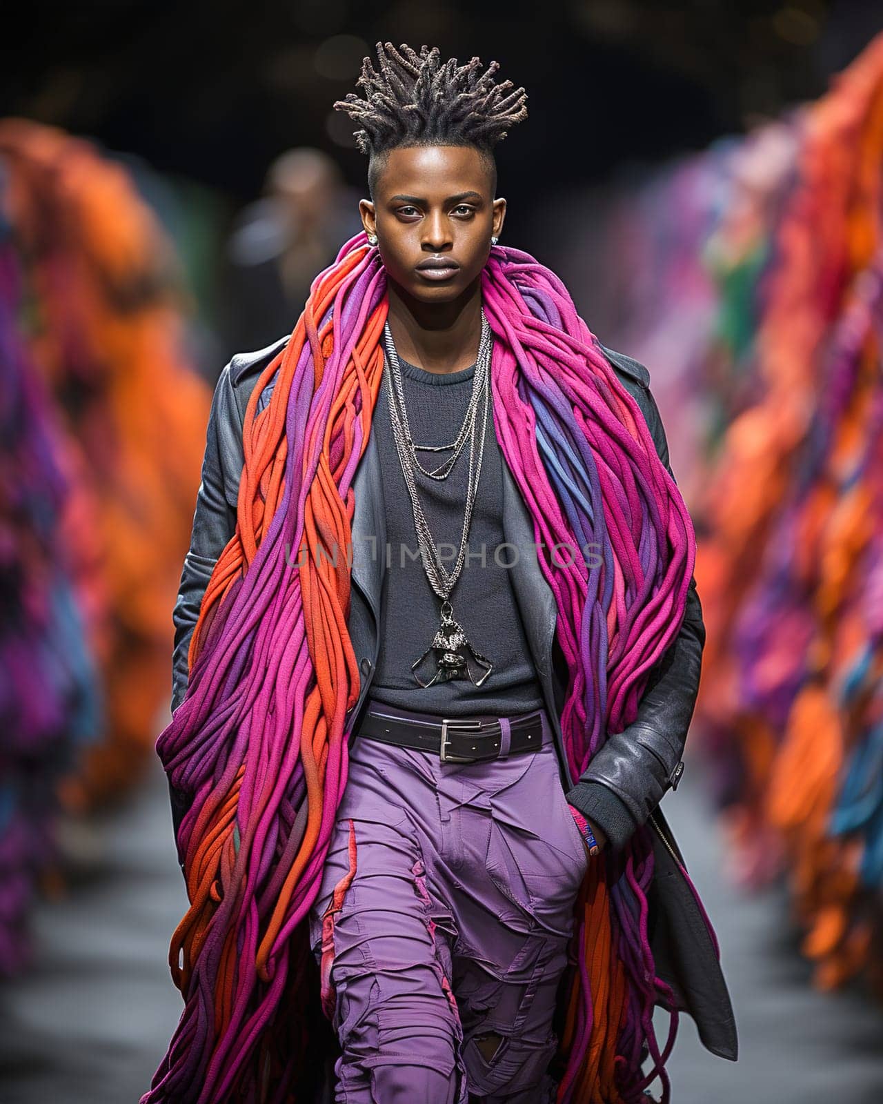 A stylish African-American man on the runway showing off his fashionable clothes