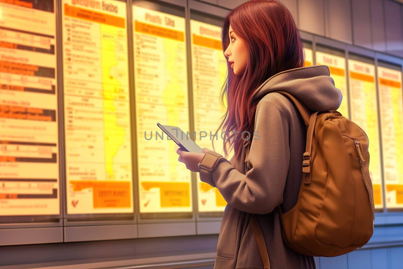 A woman with luggage looks at the airplane schedule board at the airport. by Yurich32